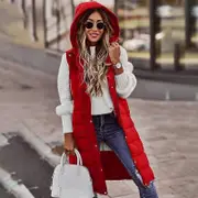 Winter Light Weight Sweaters Long with Hood Outdoor Vest Down Women's Jacket Quilted Coat Solid Color Hooded Sleeveless Jacket red XXL