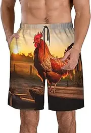 [OAROK] Rooster On Wood in Farmland Men's Casual Beach Shorts Quick Drying Shorts Men's Stretch Swim Trunks Daily Wear Style, White, Small