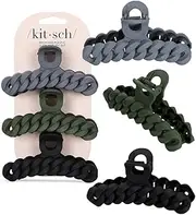 Kitsch Recycled Plastic Large Claw Clip, Big Chain Hair Clips for Women, Large Hair Claw Clips & Jaw Clips, Big Claw Clips for Thick Hair, Claw Hair Clips for Girls (3pc Set Black/Moss)