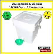 Feeder WHITE 5 LTR Pail with 1 GREEN Duck waterer cup Gravity feed 1 Cup system
