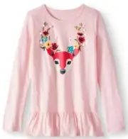 NWT Girl's XS(4/5) Long Sleeve Pink Peplum Top Embellished Reindeer Graphics