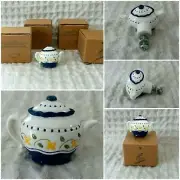 4 Avon Gift Collection TEAPOT KETTLE Drawer Pull Knob Painted Whimsy White Blue
