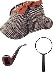 NAUZE 3 Pcs Detective Fancy Dress Accessory Set Magnifying Glass Pipe Deerstalker Hat Victorian Detective Sherlock Costume Kit for Halloween Party Accessories