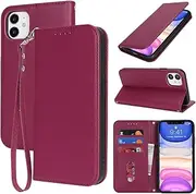 for iPhone 11 Case Leather Wallet Magnetic Flip Cover with Wrist Strap Card Holders SunYoo Case Women Men RFID Blocking Porte Feuille Portefeuille Coque étui for iPhone11 Pour Femmes Homme Red