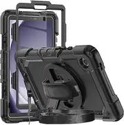 Herize Samsung Galaxy Tab A9 Case 8.7 Inch 2023 | SM-X110/X115/X117 Cover with Screen Protector Pencil Holder | Heavy Duty Rugged Rubber Protective Case W/Stand Shoulder Strap for Kids Black