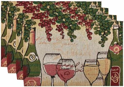 Set of 4 Tapestry Placemats, 13"x19",WINE & GRAPES,2 WINE BOTTLES & 4 GLASSES,HC