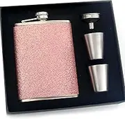 Eiarrnp Glitter Bling Pink Flasks for Liquor for Women - 8oz Stainless Steel Leak Proof Flasks, Hip Flask Gift Set Box with Funnel and 2 Wineglass, Girls Pocket Flask Set for Vodka Whisky