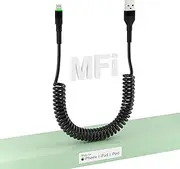 Coiled Lightning Cable, MFi Certified USB to Lightning Charger Cord with Data and LED, for Car CarPlay, for iPhone 14 13 12 11 Pro Max Plus Mini SE XS XR X 8 7 6 5, Black