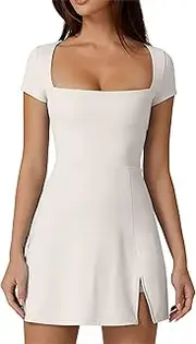 [NAMSAT] Women's Side Split Golf Sports Dress Square Neck Golf Sports Dress with Built-in Shorts Bra with Pockets