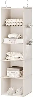 [YOUDENOVA] Hanging Storage 5 Shelves Closet Organizers and Storage Foldable Hanging Shelves with Side Pockets Wardrobe Storage Organizer for Clothes Beige
