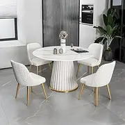[RUNNUP] Traditional Dining Table Round Slate Kitchen Table with Metal Frame Leisure Coffee Table for Dining Room, Kitchen, Home Furniture- White 35.5" L x 35.5" W x 29.5" H Without Chairs