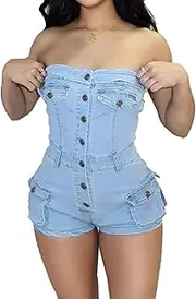 [Kwunbwa] Denim Jumpsuit for Women Summer Cargo Casual Pockets One Piece Shorts Nightclub Party Jean Overalls Mini Shorts