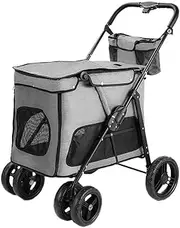 Folding pet Stroller,Cabin with Front/Back/top mesh Door,4 Wheels pet cart for Dogs and Cats,Swivel Front Wheel,Rear Wheel with Foot Brakes,Push Trolley pram for Dogs and Cats