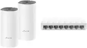 TP-Link Deco AC1200 Smart Home Wi-Fi Mesh, Dual-Band, AI Roaming, Gaming & Streaming, Work with Starlink (Deco E4(2-Pack)) + 8-Port 10/100Mbps Desktop Unmanaged Ethernet Switch, Plug & Play (LS1008)