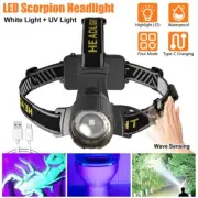 USB Charging LED Headlamp Sensor Head Torch White + UV Light Scorpin Lamp Zoom