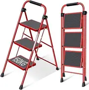 [KINGRACK] 3 Step Ladder, Folding Ladder with Non-Slip and Wide Pedal, Small Ladder with Handle, Sturdy Steel Ladder, Lightweight and Portable Step Ladder, Red