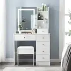 White Vanity Set Makeup Desk Stool Dressing Table with 6 Drawer LED Mirror shelf