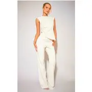 Cream Tailored Low Rise Skinny Flared Pants, Cream