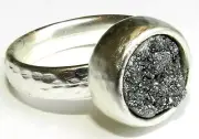 Art Hammered Yellow Gold 24K Plated Ring w Turquoise Druzy Agate Stone Size 8.5