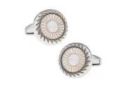 Cufflinks Big Round White Agate Gold Pin Wheel Stripes Whale Tail Backing Cuffs