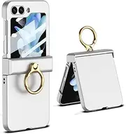 [ELEPIK] for Samsung Flip 6 Case with Hinge Protection, Samsung Galaxy Z Flip 6 Case with Ring Kickstand [Back Window Screen Protector] Protective Cover for Samsung Galaxy Z Flip 6 5G, Silver