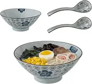 ALMA Ceramic Ramen Bowl Set- 2 Sets of 30oz Japanese Ramen Bowl with Spoons, Ramen Noodle Bowl, Pho Bowls, Cute Bowl, Udon Ramen Bowls, Noodle Bowls