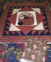 Unfinished Fall Apple Basket Themed Patchwork Quilt 31" X 31" Plus Extra Fabric