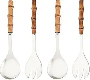 [Uniturcky] Serving Spoon and Fork Set, 304 Stainless Steel Serving Utensils with Natural Bamboo Handle, 10" Long Handle Serving Set for Kitchen Party Buffet, 4 Pieces / 2 of Each