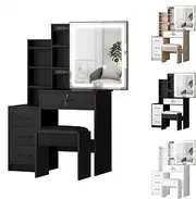 ALFORDSON 4-Drawer Vanity Set, Lockable Drawer & Sliding Mirror, Bedroom Vanity Table, 80x36x131.5cm, Black - 3 Color Lights, Hidden Storage Stool