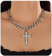 Chunky Cuban Link Chain Necklace Silver Long Rhinestone Cross Pendant Necklace H