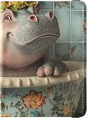 [Amooorous] Cartoon Cute Grey Bath Hippo Flowers Leather decorative Passport Card Holder Cover Combo Vaccine Card Holder Cover Combo Badge ID Vaccine Card Holder Wallet Waterproof, Cartoon cute grey bath hippo