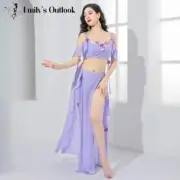 2 Piece Set Belly Dance Costume Short Sleeve Flower Top Side Split Long Skirt