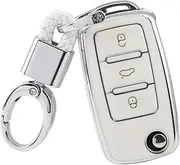 1797 3 Button Key Fob Cover fits for VW Volkswagen Jetta Beetle Tiguan Passat Golf Accessories Car Key Chain Case Shell Protector White TPU, White & Silver
