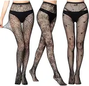 [YONEEKSS] 3 Pack Patterned Tights, Women Black High Waisted Net Footless Leggings, Fish Net Tights, Black Lace Pattern Fishnet Stockings, Attractive High Stockings Striped Pantyhose, black, One Size