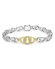 Lagos 18K Yellow Gold & Sterling Silver Signature Caviar Diamond Interlocking Ring Link Bracelet