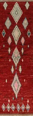 Orange Geometric Tribal Moroccan Narrow Runner Rug Plush Wool 9' 11" x 2' 7"