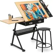 MoNiBloom Height-Adjustable Drafting Table 0-65° Adjustable MDF Tabletop Drawing Desk w/Drafting Stool, Versatile Art Desk and Craft Center Home Study Room Artist Desk with Tool Tray and Storage