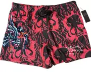 NWT Ed Hardy Mesh Mens Shorts Sz XL Fuchsia Pink Dragon Panther