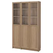 BILLY / OXBERG bookcase comb w panel/glass doors, oak effect, 120x30x202 cm