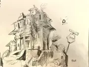 Small 8x10 Pencil Drawing Original Signed Surrealist Houses Landscape On Paper
