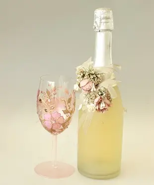 Wine Glass Single, Pink Rose Floral Design Swarovski Crystals Hand Painted