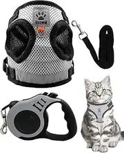 IPNSDON 1Pcs Cat Harness and Lead Set,Escape Proof Kitten Harness with Leash,16.4 Ft / 5 M Automatic Retractable Soft Dog Lead, Reflective Adjustable Vest with Cat Leash Small Puppy Walking Travel