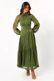 [PUP56] Julip Sheer Long Sleeve Maxi Dress - Olive XS green