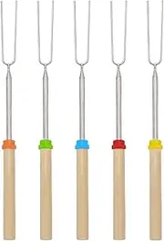 Marshmallow Sticks for Fire Pit – 5 Pack Stainless Steel Extendable Smores Sticks Kitwith Wooden Handles for Roasting Hot Dogs, Sausages, BBQ & Campfire Cooking, Outdoor Accessories