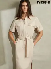 Reiss Stone Aimie Cotton Blend Utility Belted Midi Dress (B40217) | $395