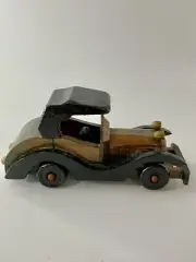 Vintage Oak Wooden Handmade Old Timely Car Collectible Display 6” Green & Wood