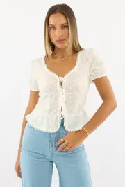 White Tie Up Top Short Sleeve Eyelet - Size 6XXS, Women's Jacket