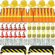 62 Pcs Construction Birthday Party Supplies Set Kids Construction Dress up Set Including Vest, Hat, Tote Bag, Tablecloth, Traffic Cone Cups and Stickers for Construction Birthday Dress up Party Decors