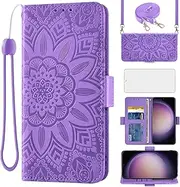 [Asuwish] Mobile Phone Case for Samsung Galaxy S23 5G Case with Strap and Glass Film Screen Protector Card Slot Foldable Leather Wallet Stand S 23 23S S23 Case Mobile Phone Cases Flowers Protective