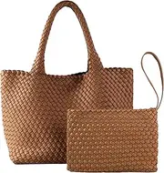 [SporGenius] Woven Tote Bag for Women, Vegan Leather Handwoven Bags with Small Handmade Purse, Large Travel Braided Top Handle Handbags